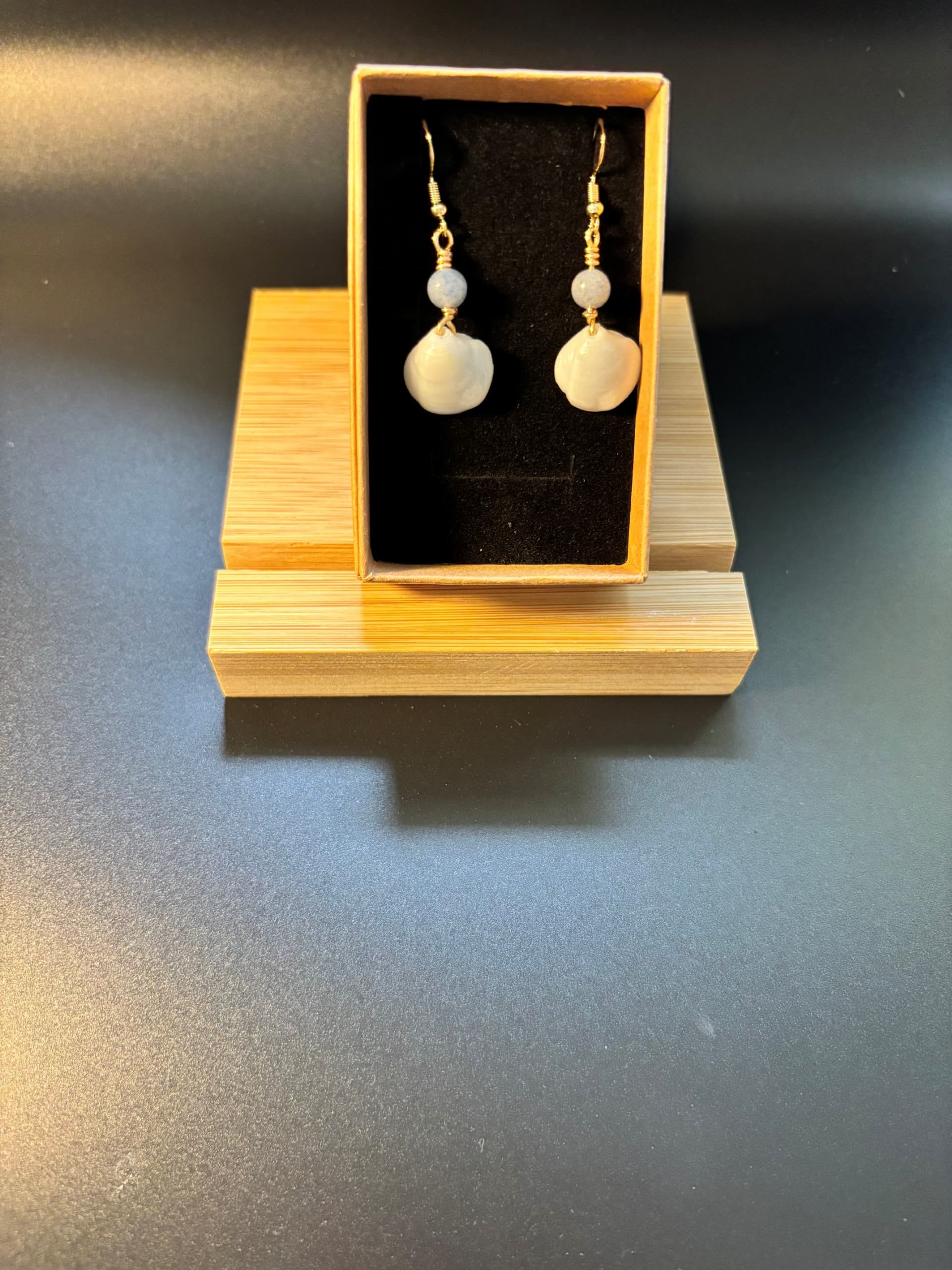 Small White Shell Dangle Earrings with Blue Bead